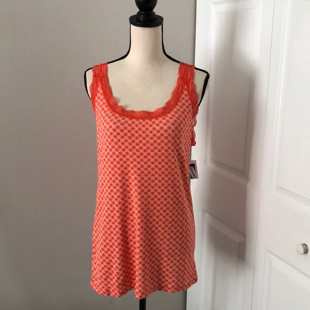 NEW-OLD NAVY LACE TRIM PRINT ORANGE TANK TOP | XL